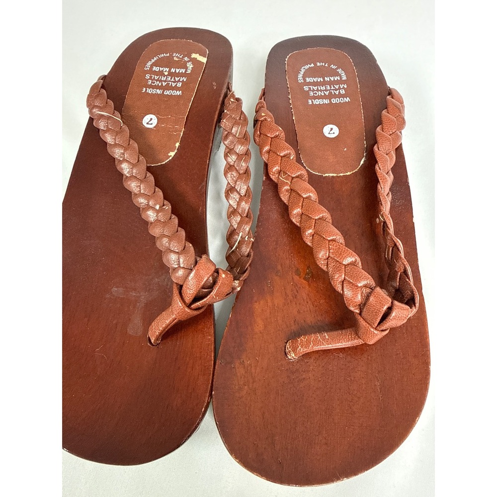 Vintage Wood Platform Flip Flops Braided Brown Thong Sandals Womens 7 Boho